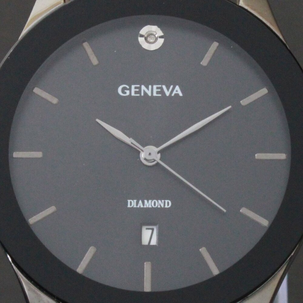 Geneva Men's Dress Watch Diamond At 12 Blacked Out Leather Strap 42mm - Picture 12 of 13